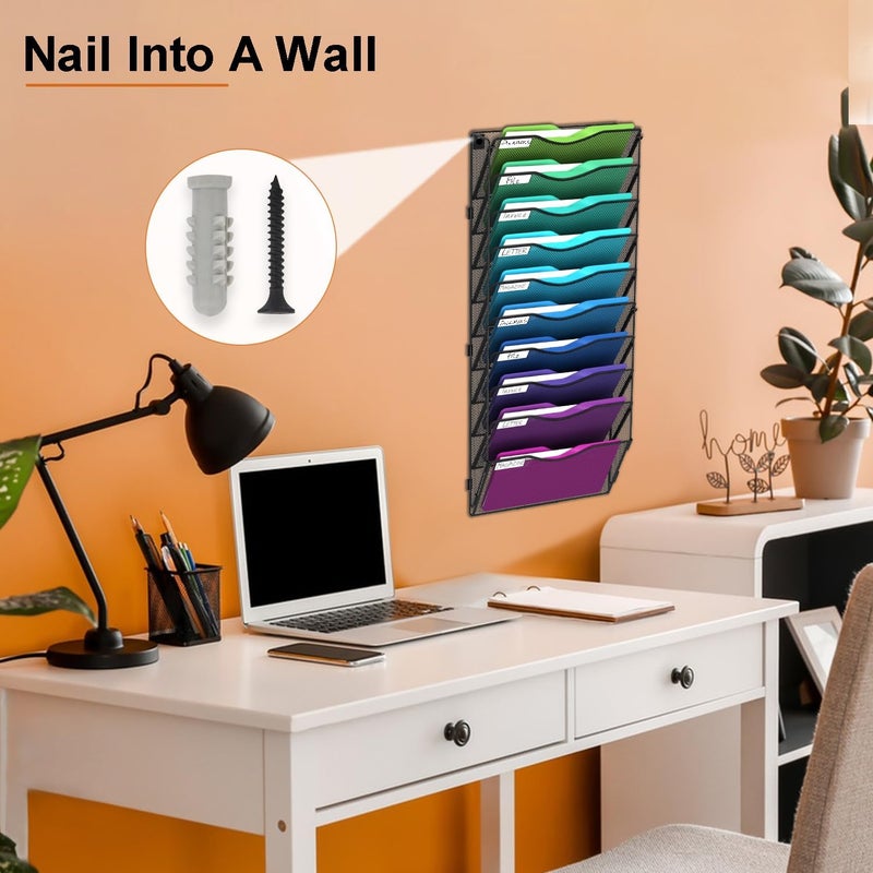 BOHDK 10 Pocket Mesh Hanging Wall File Organizer, Wall Mounted Mail Paper Document Folder Holder, Foldable File Folder Organizer with Label Panel | 2 Hooks | Office Home School Organizer, Black - Image 5